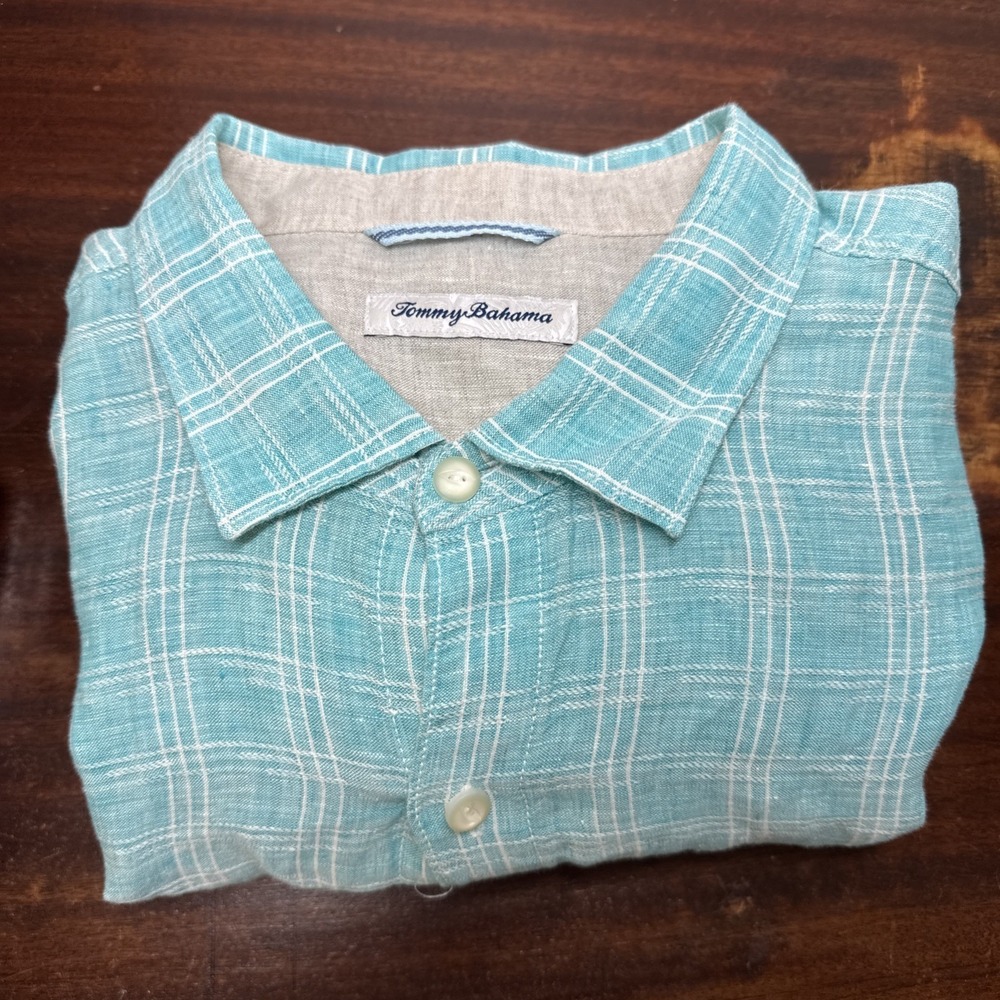 Tommy Bahama Mens 100% linen Aqua Blue White Plaid Long sleeve shirt XL Summer